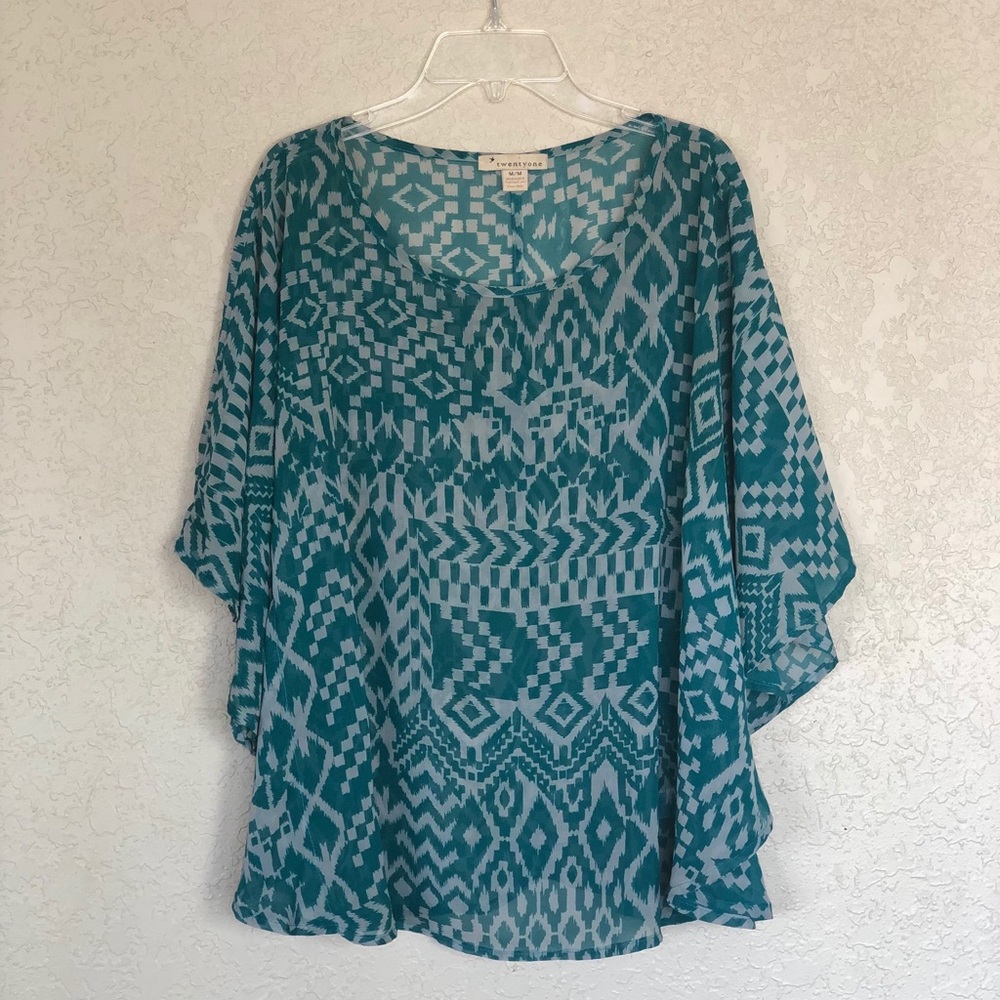 Teal tribal sheer top